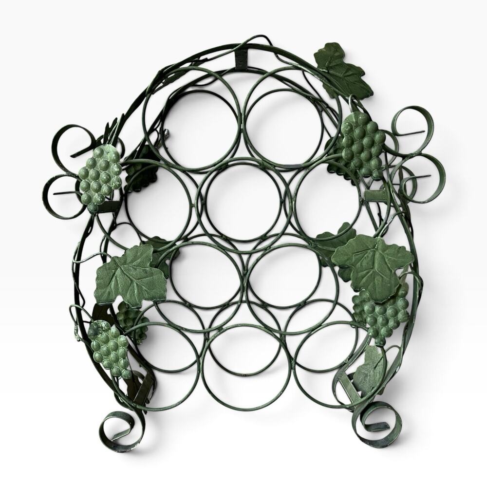 1980s Vintage Green Metal Grapevine Scroll 10-Bottle Large Wine Holder Rack 18”